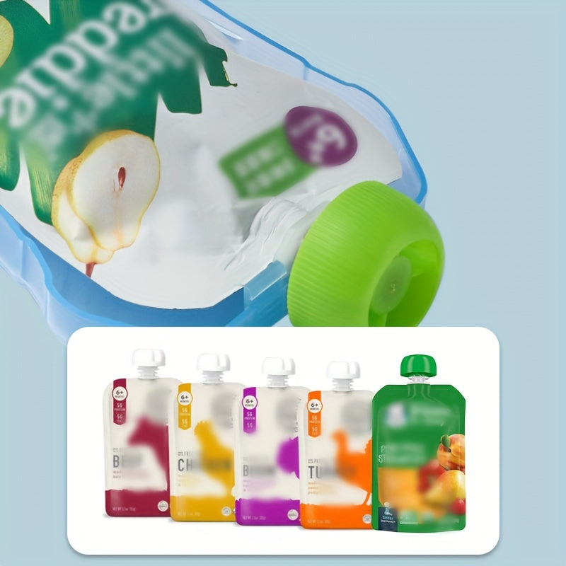 Holder for baby food pouches and juice boxes that prevents spills and can be easily flipped.