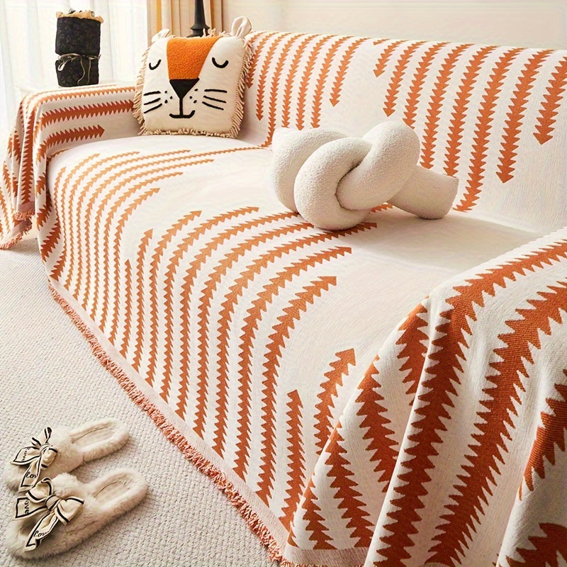 Chenille sofa cover with tassel style, anti-pet scratch, all-season, non-slip couch protector for home decoration.