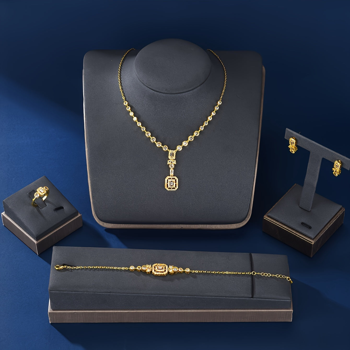 Complete your vacation style with this 5-piece fashion jewelry set for women featuring holiday-themed copper with synthetic zirconia. The set includes a necklace, earrings, bracelet, and ring, perfect for daily wear, parties, weddings, and an ideal