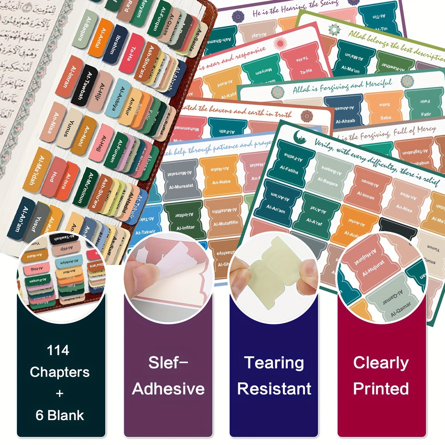 114 self-adhesive Quran index tabs with clear print, tear-resistant, includes 6 blank tabs for Quran study and religious decor.