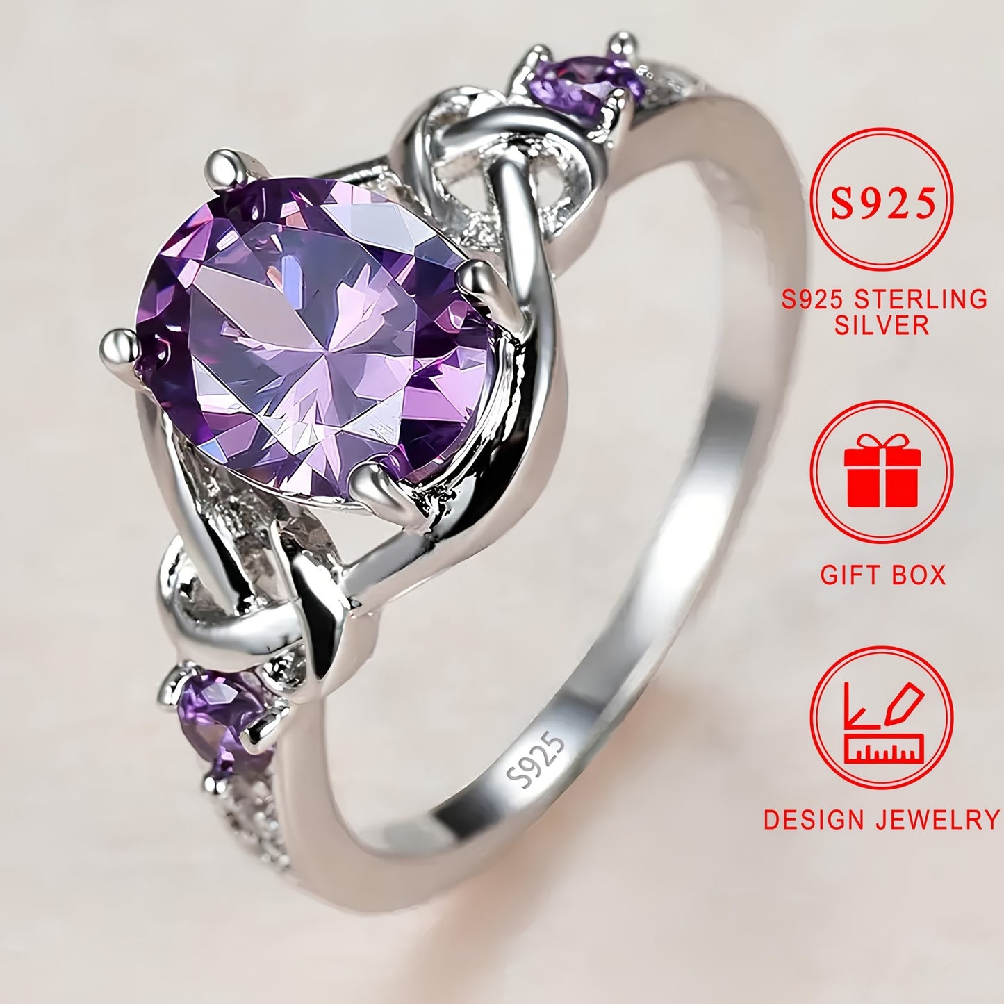 French-style 925 sterling silver engagement ring with oval synthetic purple cubic zirconia. 3-stone setting with twist knot design. Ideal for daily wear and special occasions. Comes with