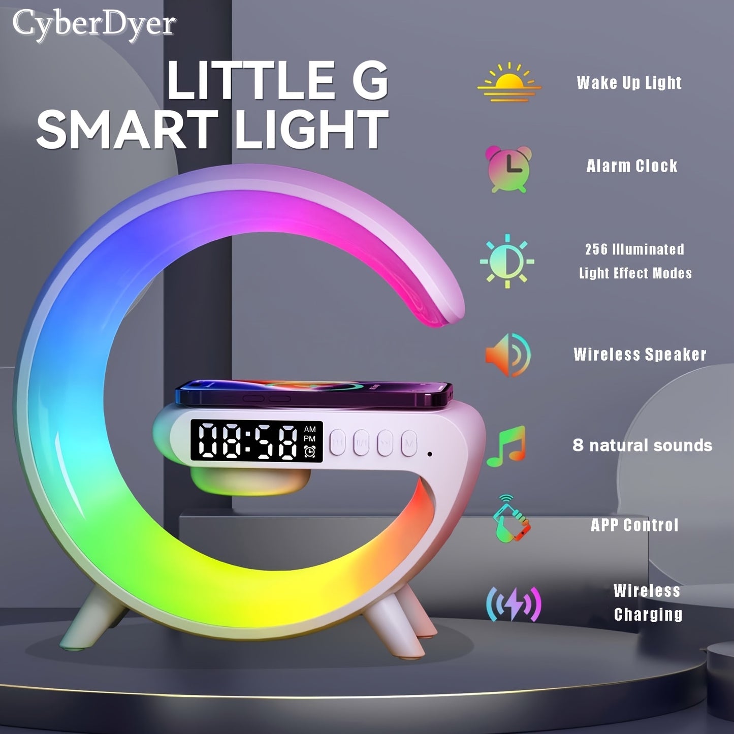 CyberDyer Smart Table Light with Sunrise Alarm Clock, Night Light Charging Station, Wireless Speaker, and Desktop Decoration Atmosphere Lamp - a perfect gift for any occasion.