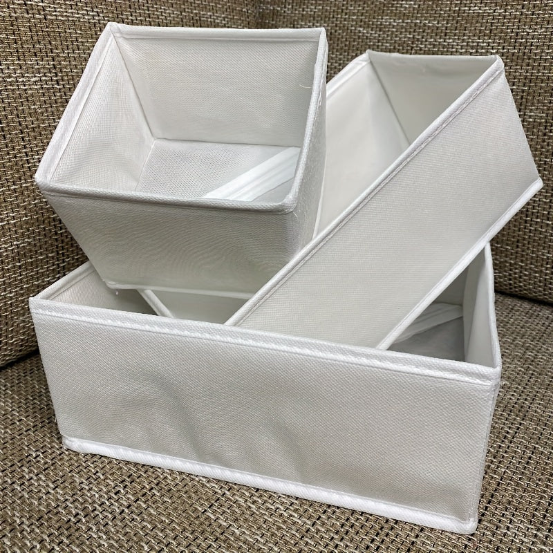 Set of 3 or 6 Classic Style Folding Storage Organizers. These rectangular multi-purpose closet organizer bins are ideal for storing clothes and accessories. They are non-waterproof drawer boxes that do not have lids, perfect for under-bed storage.