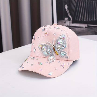 Lightweight cotton baseball cap with butterfly embellishments, rhinestone accents, adjustable fit, and woven craftsmanship. Fashionable sun protection hat for special occasions.