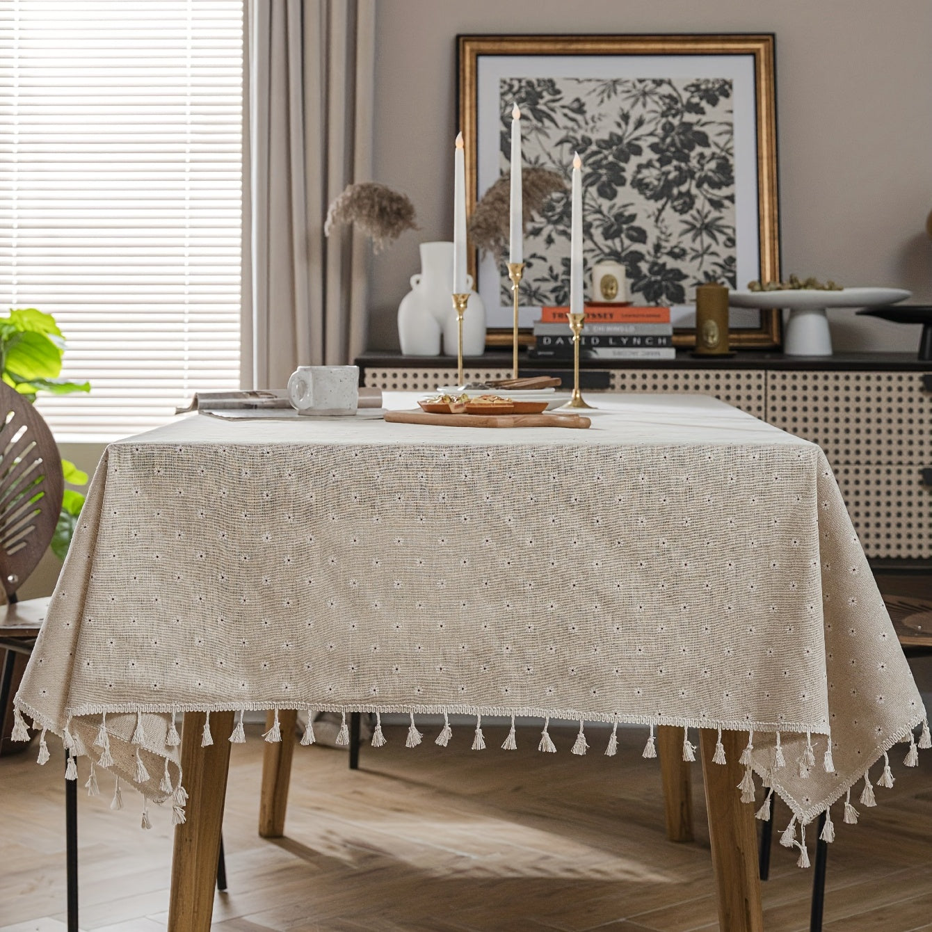 White chrysanthemum and beige linen print farmhouse floral tablecloth with tassels, ideal for kitchen and dining decor. Ready for Thanksgiving, made of polyester, rectangular shape.