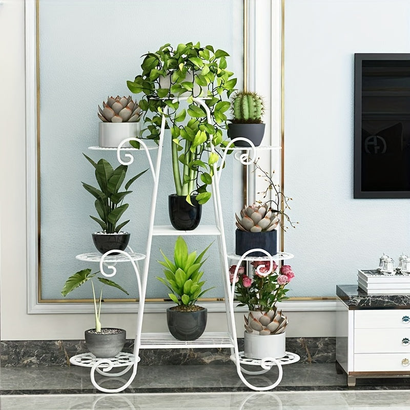 European-style metal plant stand with 9 tiers for indoor and outdoor use. Provides a decorative display for flower pots in the garden, balcony, or living room. Does not require electricity