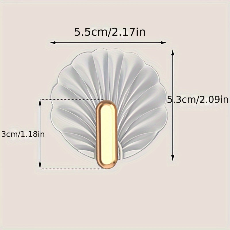 Set of 4 elegant gold-plated shell hooks, transparent and waterproof. Easy to install without drilling, high load-bearing for kitchen and bathroom doors.