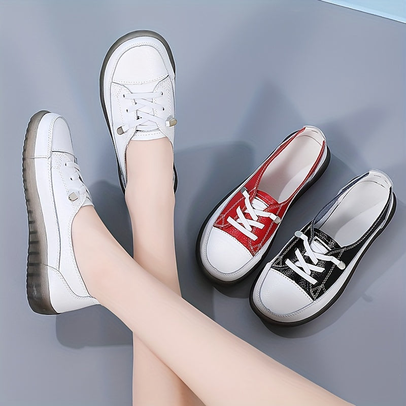 Women's Genuine Synthetic Leather Sneakers in White, Red, and Black options. Lightweight, non-slip, soft sole for all-season casual wear. Classic lace-up design with durable PVC sole.