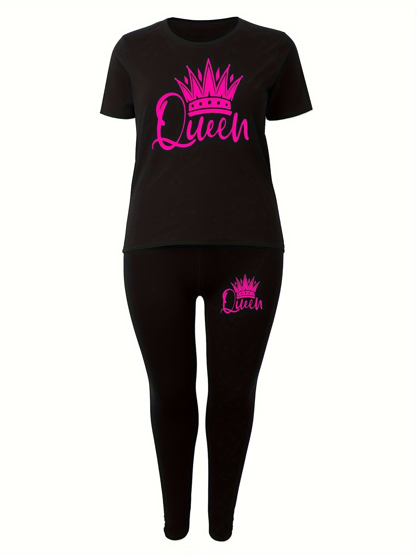 Women's activewear set with a queen crown graphic, stretchy polyester blend, machine washable, crew neck tee and long pants.