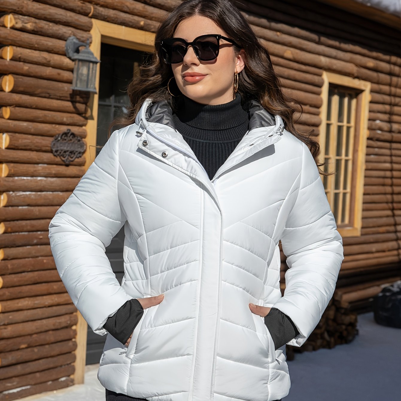 Plus size women's hooded jacket made of 100% polyester with solid color, perfect for fall/winter. Features pockets and windproof design.