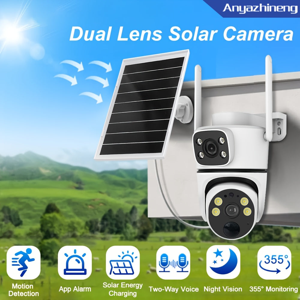 ANYAZHINENG Solar Powered Dual-Lens Security Camera - 1080p HD with PTZ Night Vision, Motion Detection, Two-Way Audio, Wi-Fi Enabled, App Controlled - Ideal for Home and Pet Monitoring (Non-Waterproof)