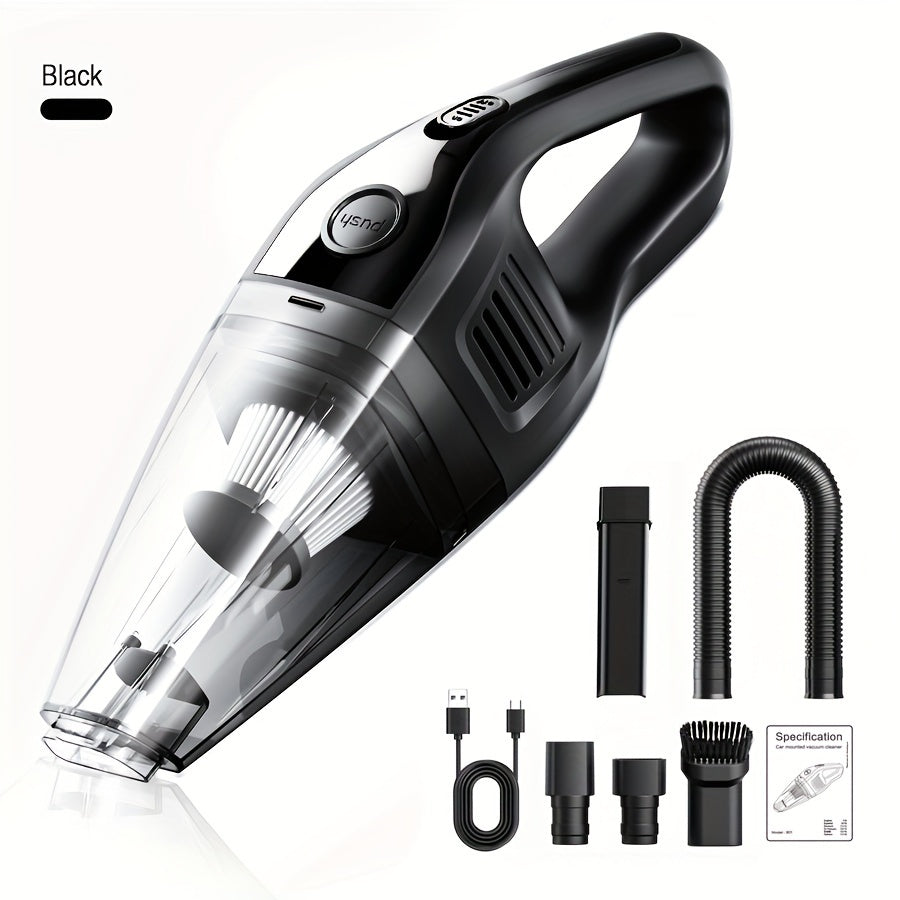 Portable vacuum cleaner with strong suction power, USB rechargeable, suitable for home, car and office use, comes with various accessories.