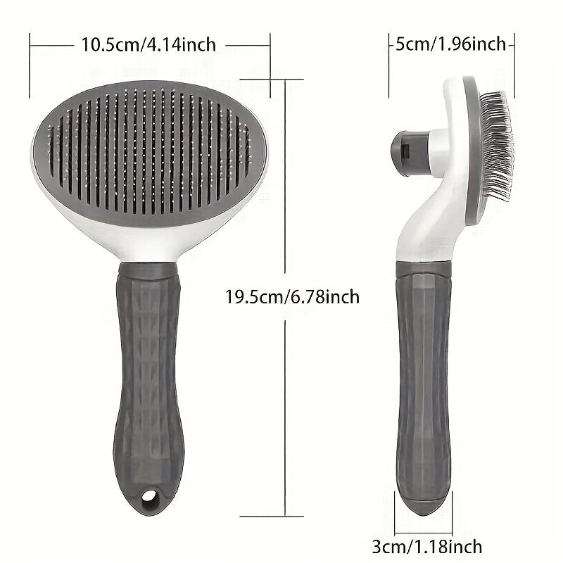 Pet hair removal brush with stainless steel bristles and one-click detangling comb for dogs and cats. Made of durable ABS material.