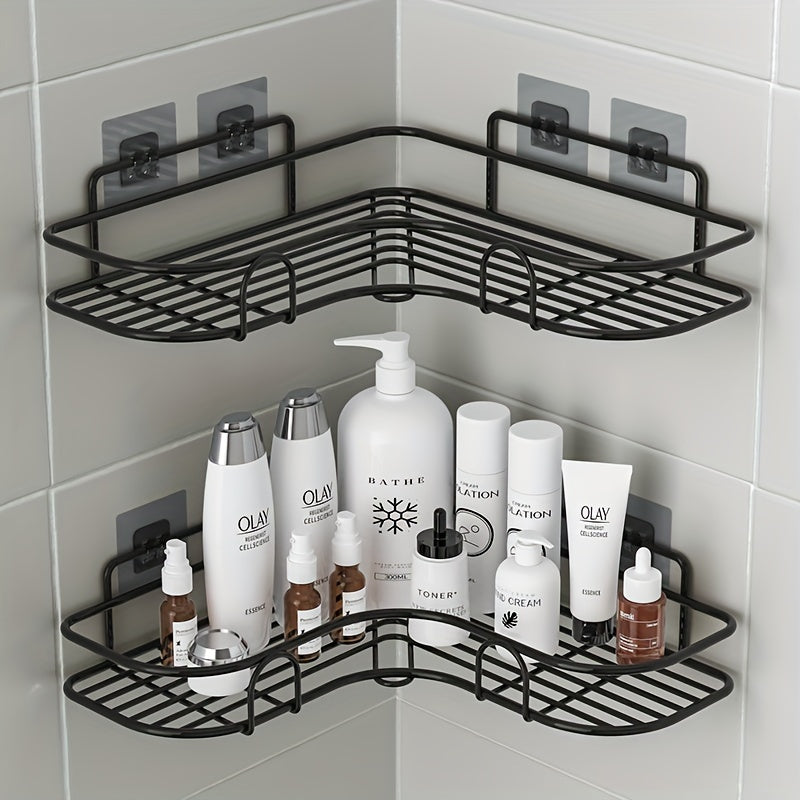 Punch-free corner shelf for bathroom storage, wall-mounted with space for toiletries and accessories.