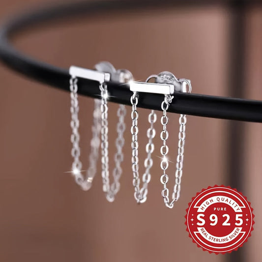 These chic ladies' earrings feature double chain tassels crafted from S925 silver, offering a stylish and minimalistic design perfect for both daily wear and special occasions. Lightweight at 1.88g, these earrings are hypoallergenic for comfortable wear.