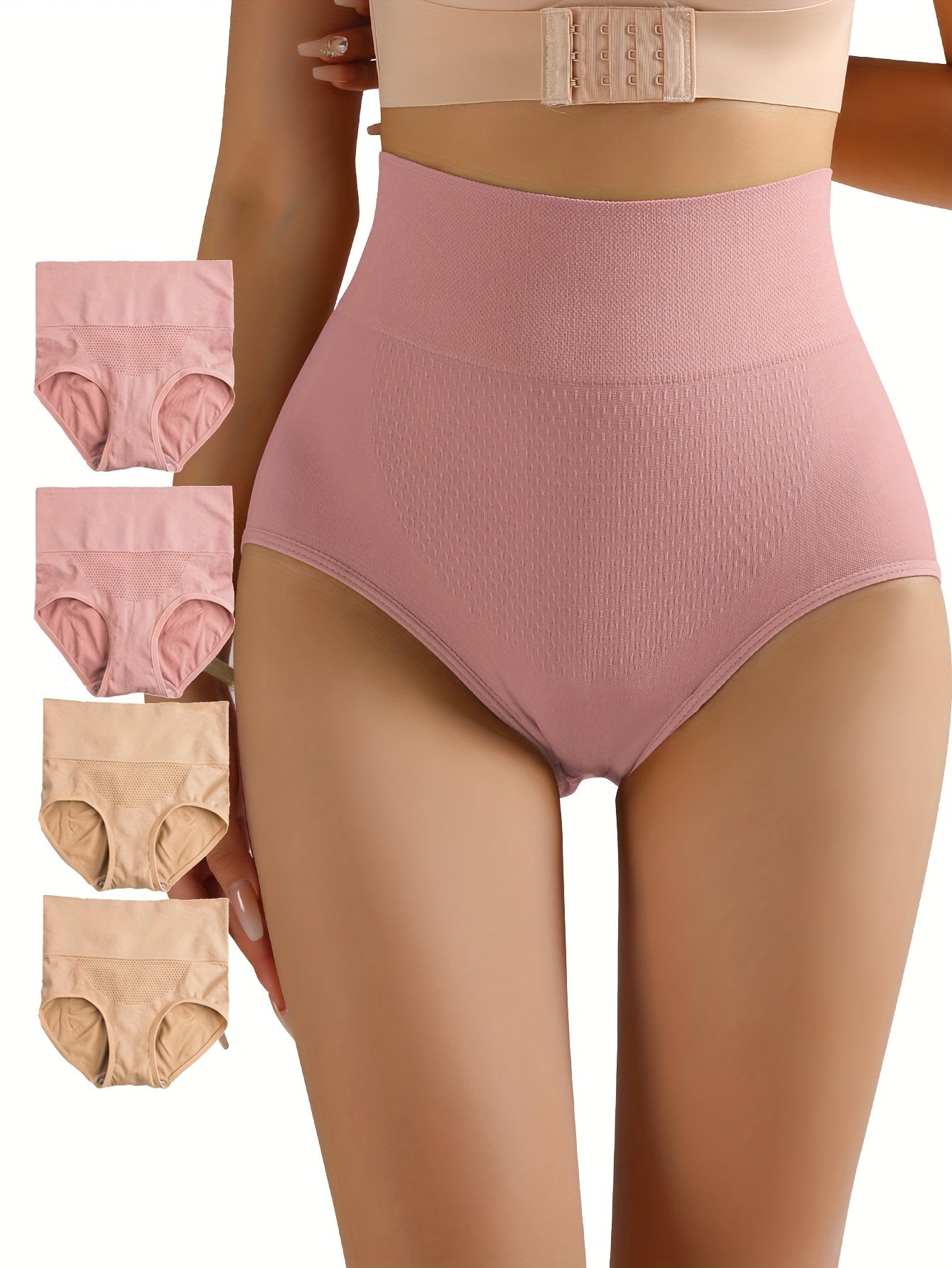 Four pieces of butt-lifting briefs with high waist, tummy control, and breathable fabric, ideal for women's lingerie and underwear.