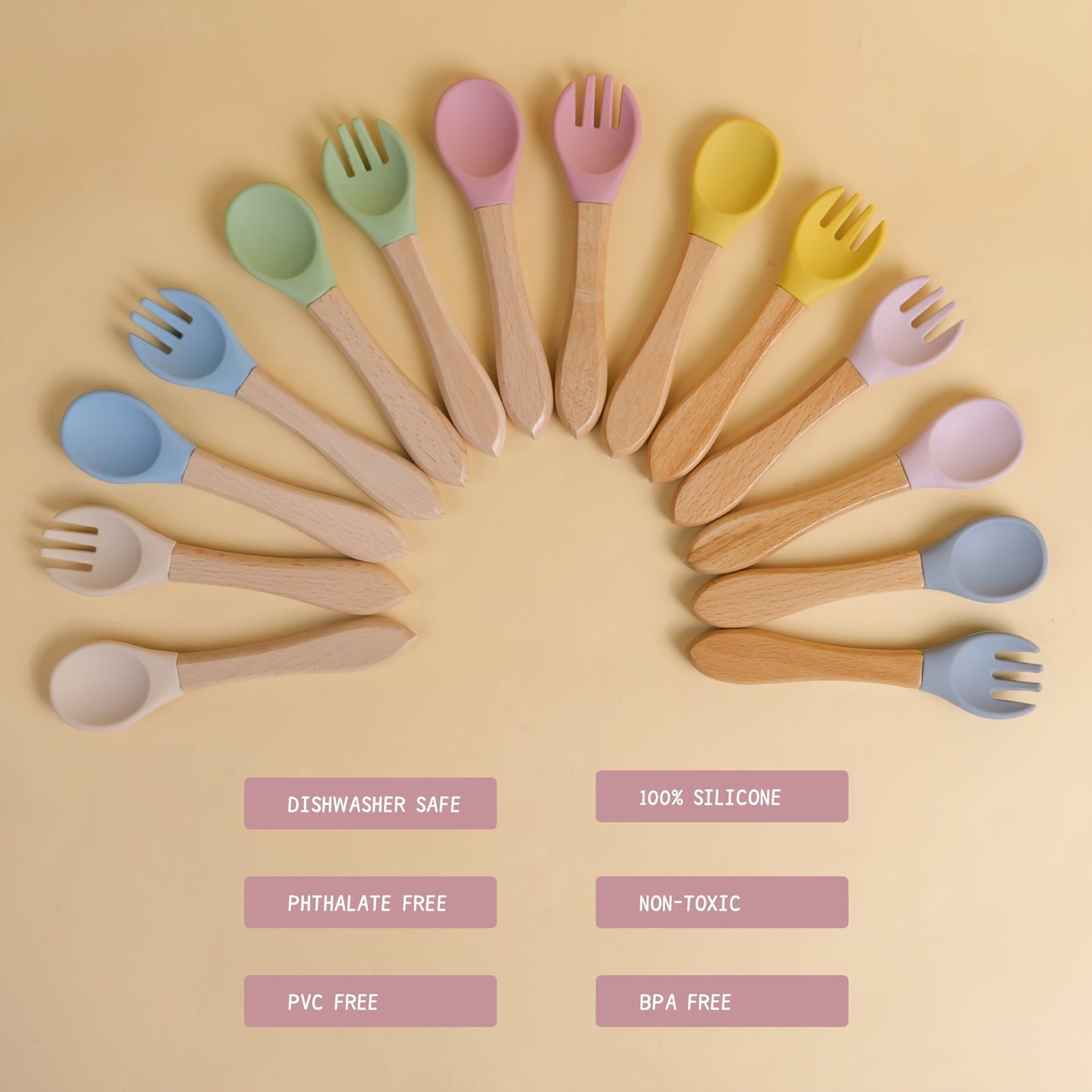 Set of baby fork and spork made from bamboo and silicone, perfect for toddler self-feeding. Ideal for baby-led weaning and makes a great gift for newborns or special occasions like Christmas, Thanksgiving, and Chinese New Year.