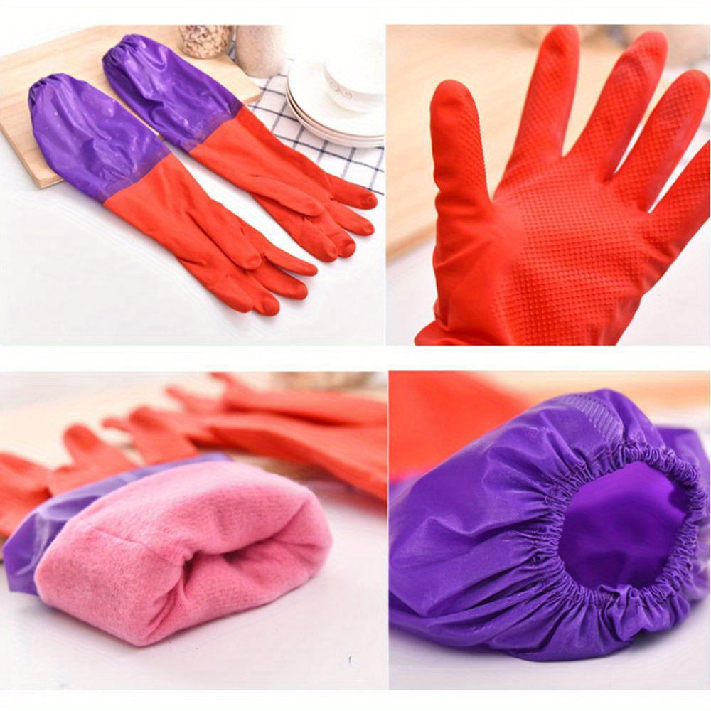 Durable, winter-proof floral design gloves made from lead-free waterproof PET rubber with fleece lining. Perfect for household cleaning in the kitchen, bathroom, toilet, car, and patio. Features long sleeves and thickened material for added protection.