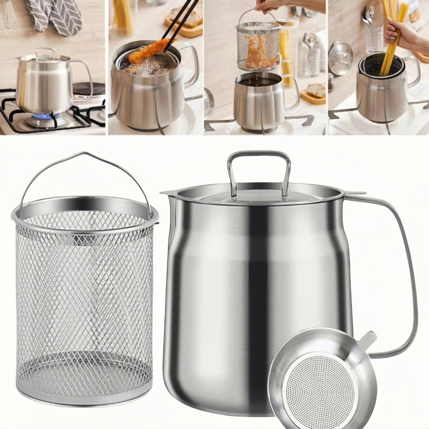 Large capacity, heavy-duty 304 stainless steel fry basket with multiple functions for kitchen and camping use. Can also be used as a food filter container.