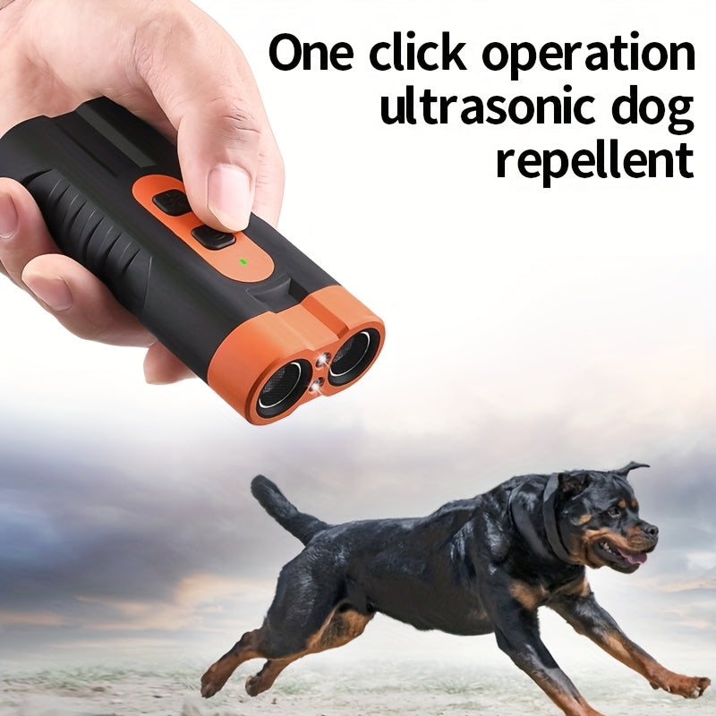 Dual-head ultrasonic dog repeller with powerful heads for long-distance training, designed to stop barking and scare away dogs and cats for personal safety.