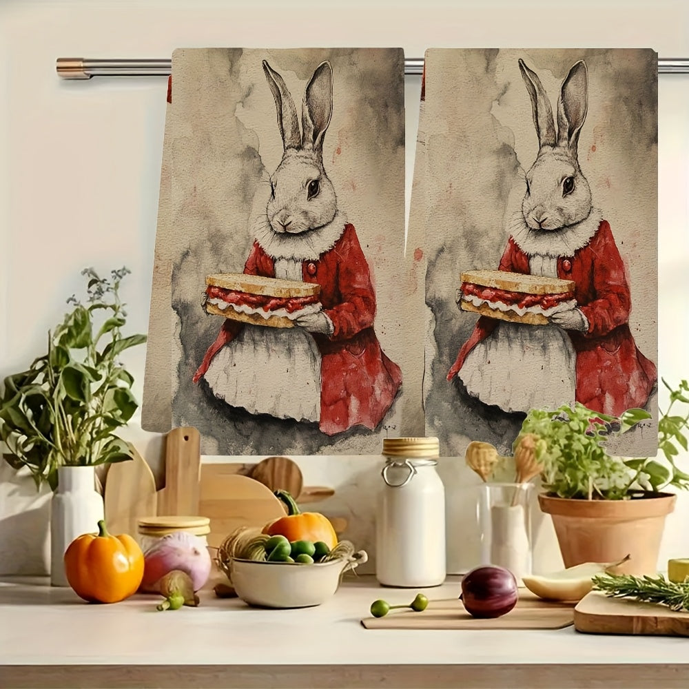 Set of 2 Adorable Rabbit Sandwich Illustration Kitchen Towels - Made of Ultra Soft and Highly Absorbent Polyester Material, Easy to Clean in Washing Machine, Size: 40.64x60.96 cm - Ideal for Decorating during the Holidays, Cute and Funny Addition to your