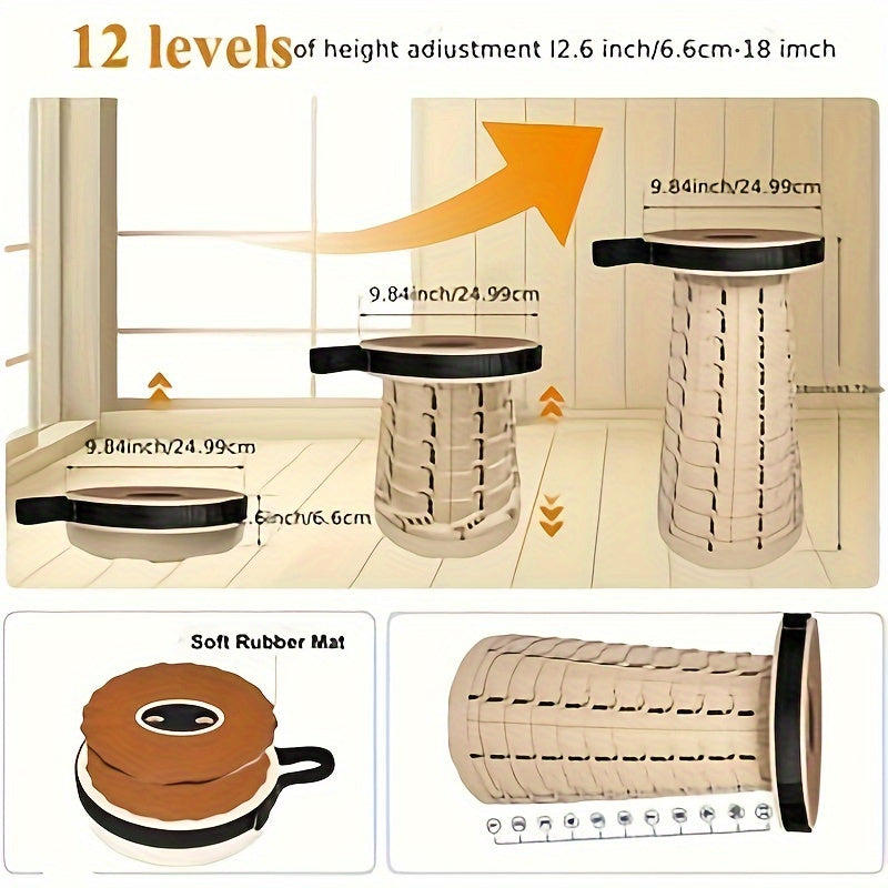 Portable folding stool with PU cushion, 12-level, 226.8KG capacity, ideal for outdoor activities.