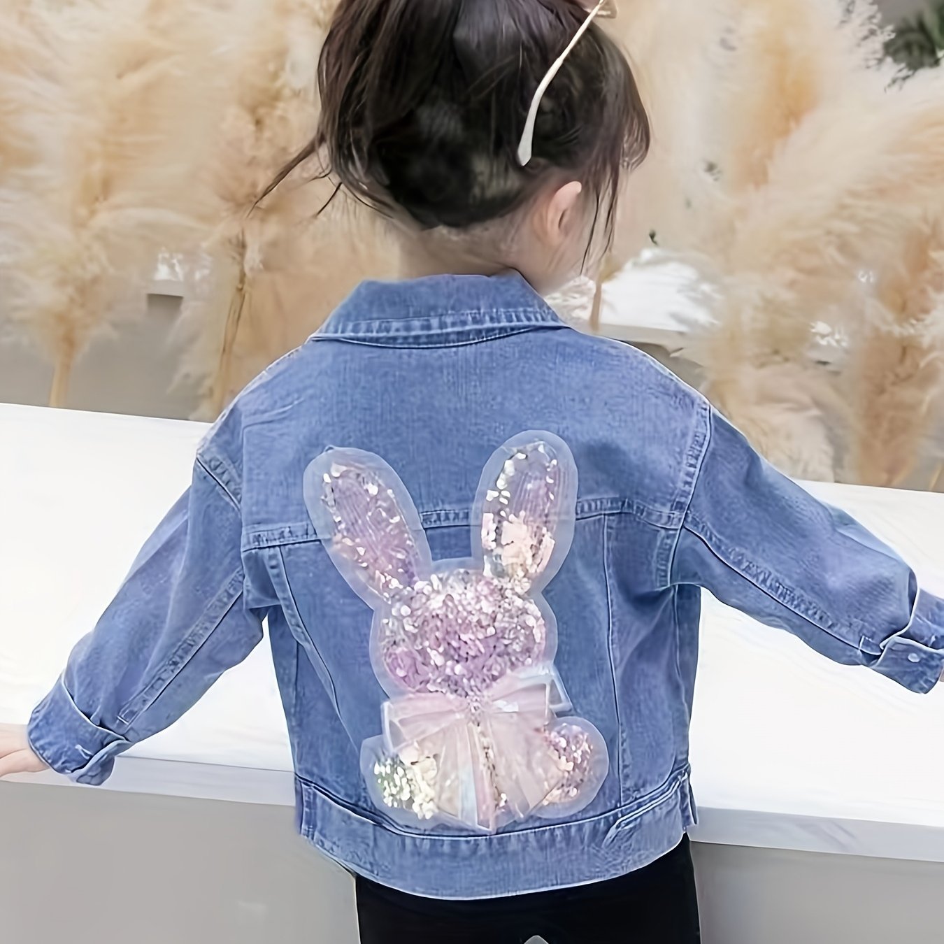 Casual, versatile denim jacket for chic girls with cute rabbit design; rayon blend, machine washable; ideal for spring/fall.