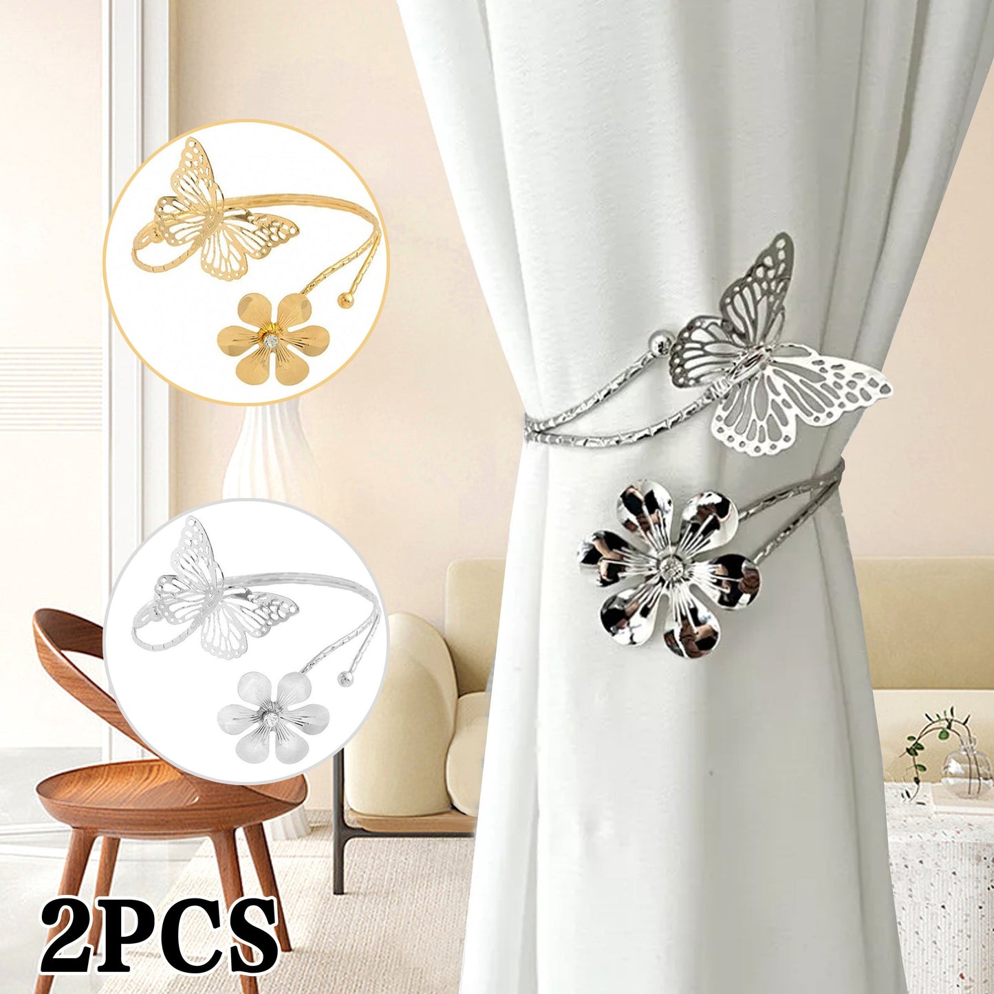 Add a touch of elegance to your home decor with these modern minimalist curtain tiebacks. Crafted in a golden/silvery butterfly and flower design, these adjustable holders can be easily installed without drilling. Perfect for the living room, bedroom, or