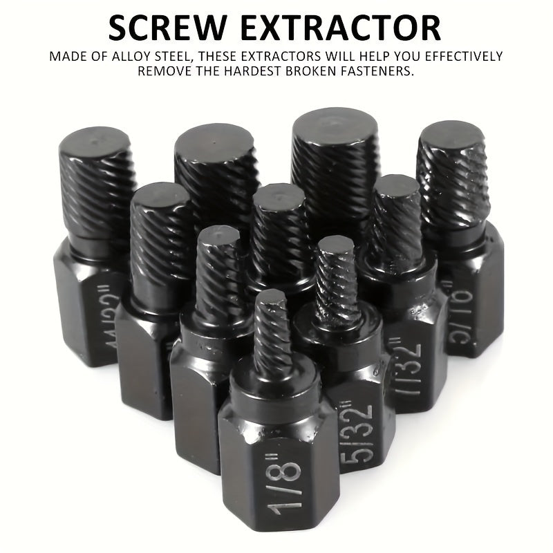 10-piece screw extractor set for damaged screws, bolts, and studs, made of alloy steel.