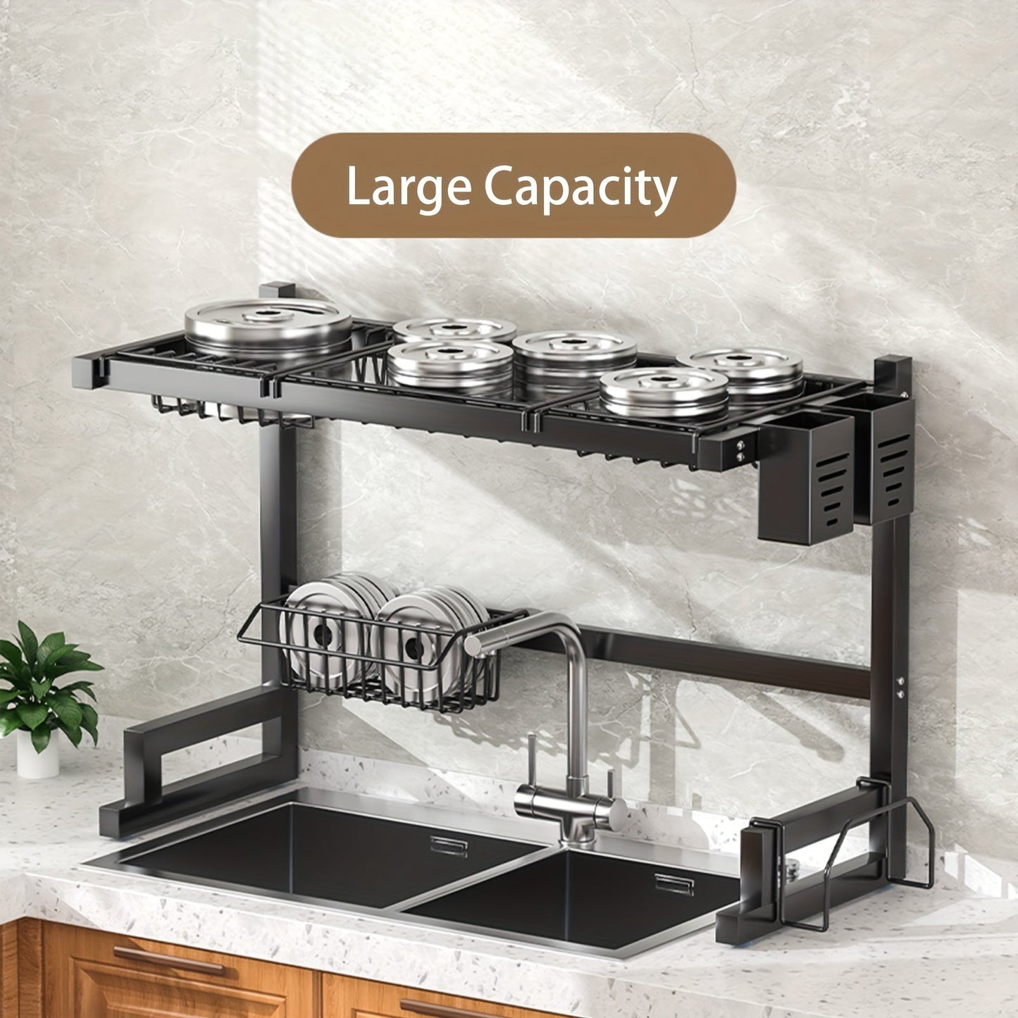 Large black metal dish drying rack that fits over the sink, includes detachable shelf with utensil holder, cup rack, and cleaning sponge caddy. Saves space in the kitchen and doesn't require electricity. Great for organizing kitchen storage.