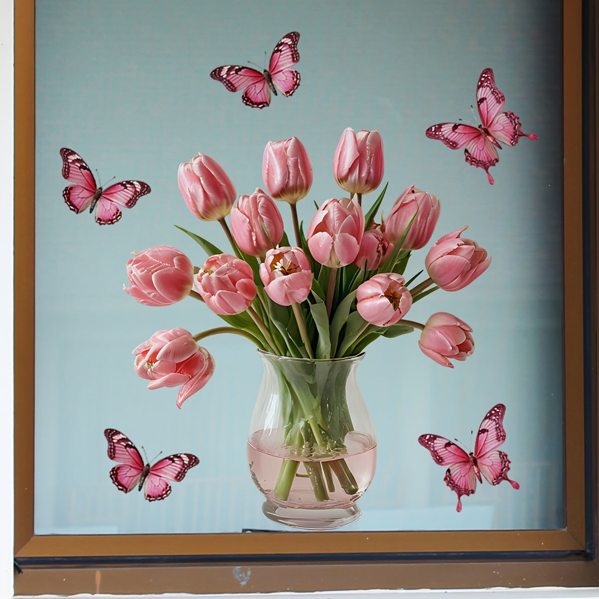 Contemporary Style Pink Tulip Butterfly Window Stickers, featuring a Floral Patterned design. Made from Polyvinyl Chloride Material, these stickers are easy to apply with their Static Cling Mounting and are reusable. Available in Assorted Shapes, these