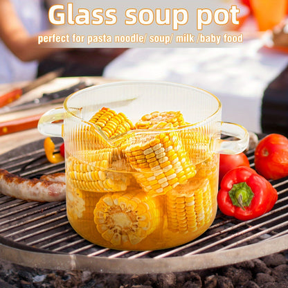 One or two pieces of glass saucepans with covers, perfect for stovetop cooking. Features a lid, handle, and a clear design ideal for simmering soups. Made from high-quality borosilicate glass, this cookware is durable and versatile.