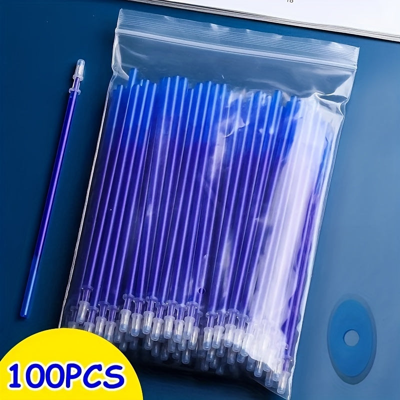 Set of 100 erasable gel pen refills with 0.5mm blue and black ink, washable handle for comfortable writing.