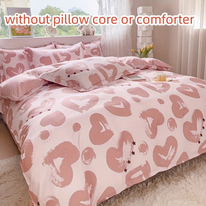 4-piece Pink Heart Print Valentine's Day Duvet Cover Set, includes Duvet Cover, Flat Sheet, and 2 Pillowcases. Skin-friendly and suitable for all seasons. Perfect for bedroom or guest room.