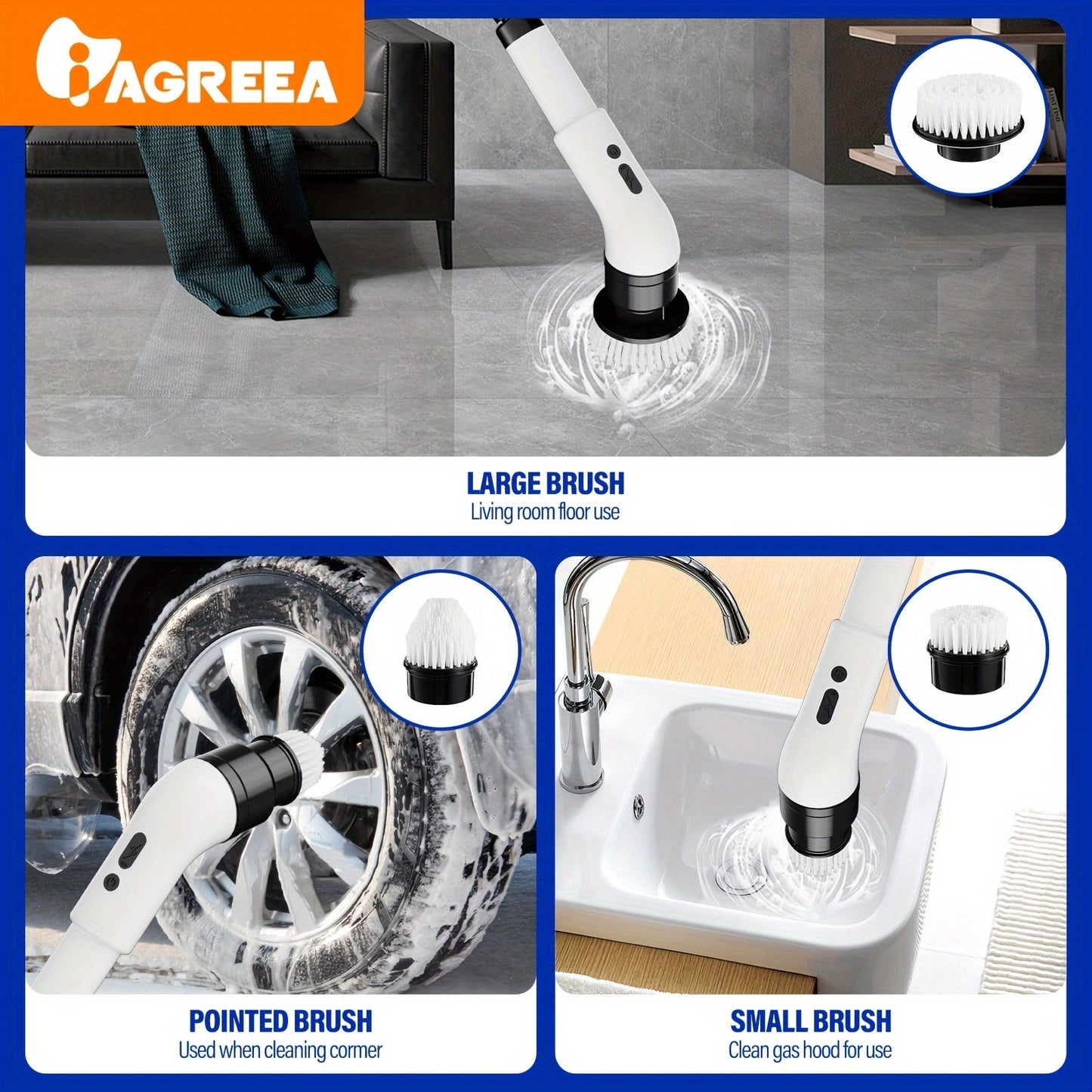 Introducing the IAGREEA Electric Rotating Washer, an innovative cleaning tool with 3 adjustable speeds. This cordless electric rotating brush comes with 9/6 interchangeable brush heads and an adjustable extended handle. Perfect for cleaning tiles