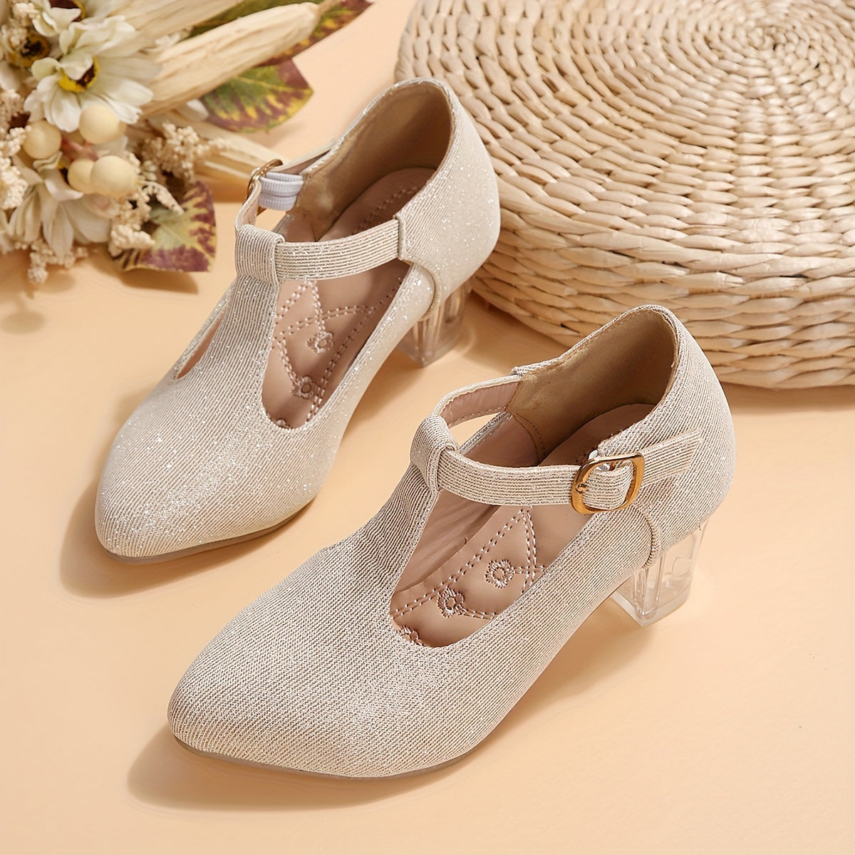 New Crystal Embroidered Flower High-heeled Shoes for Women and Children in Spring and Autumn.