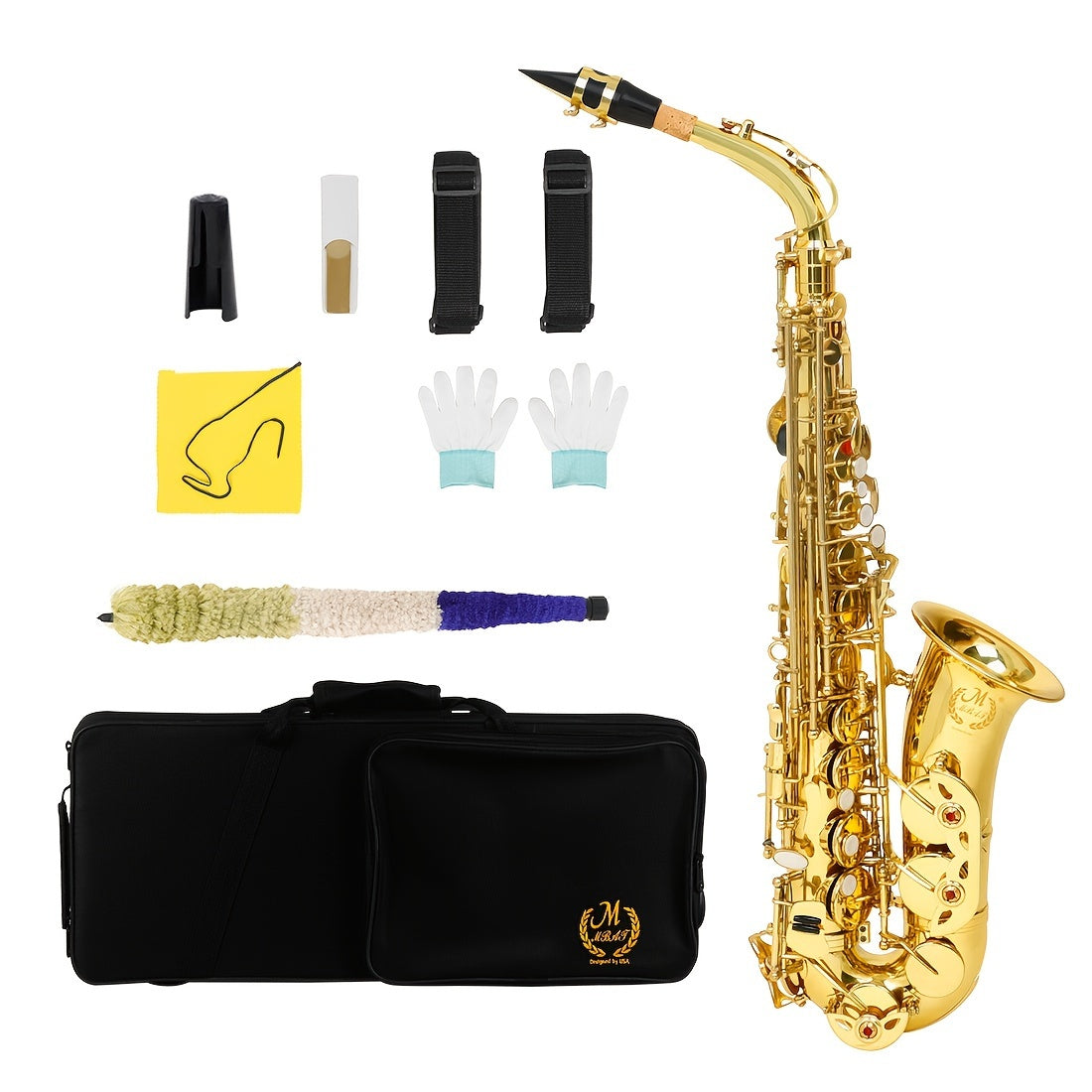 Professional MBAT Alto Saxophone in E Flat with brass body, engraved Keystone pattern, white shell key, and golden finish - includes MBAT case and accessories.