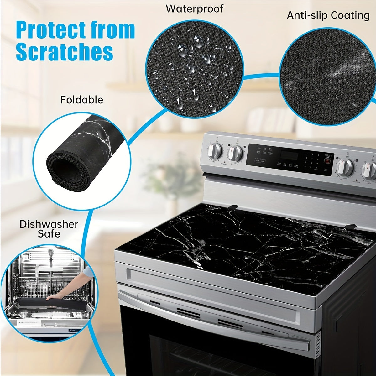 Protect your electric stove with this sleek Black Marble Stove Top Cover. Measuring 72.39x52.07cm, this heat-resistant glass protector is dishwasher safe and made from natural rubber. Perfect for your kitchen and dining area.