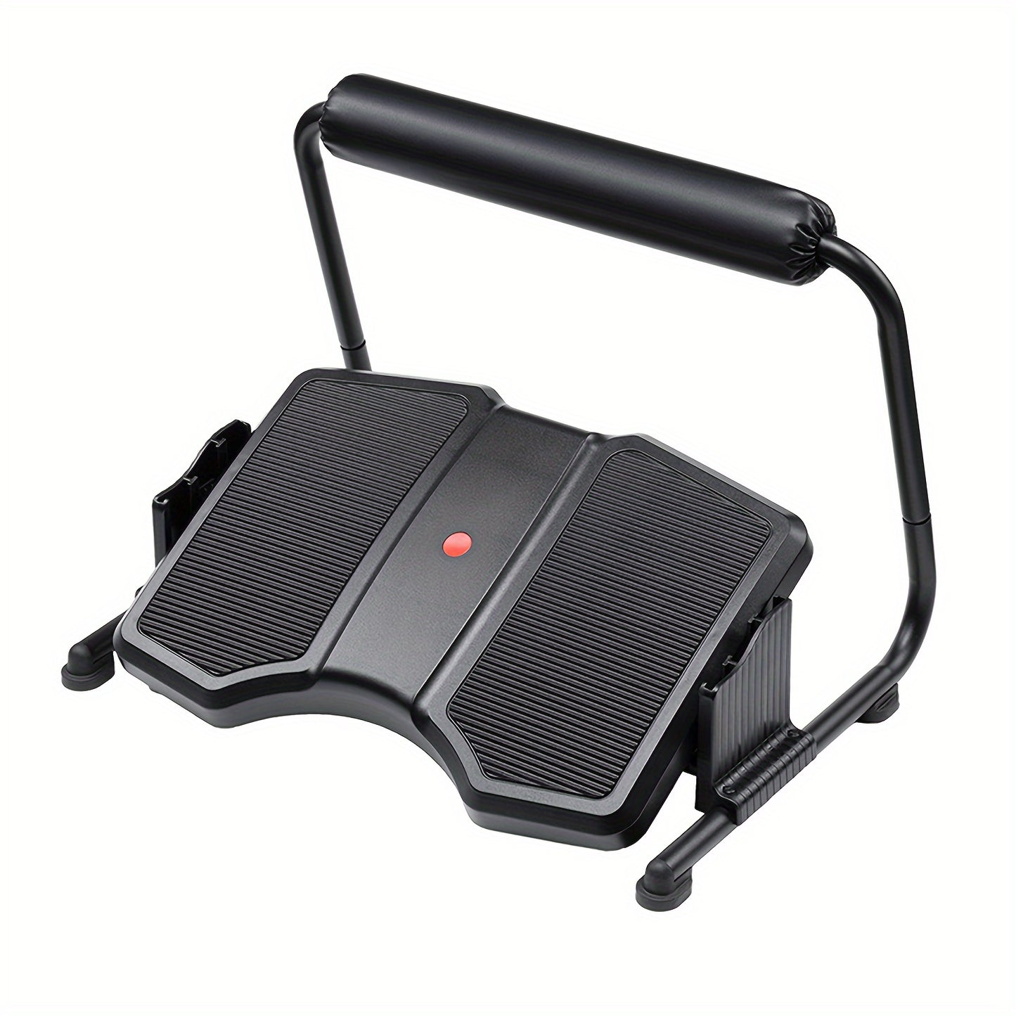 Adjustable ergonomic footrest stool for office use, non-electric, black plastic material.