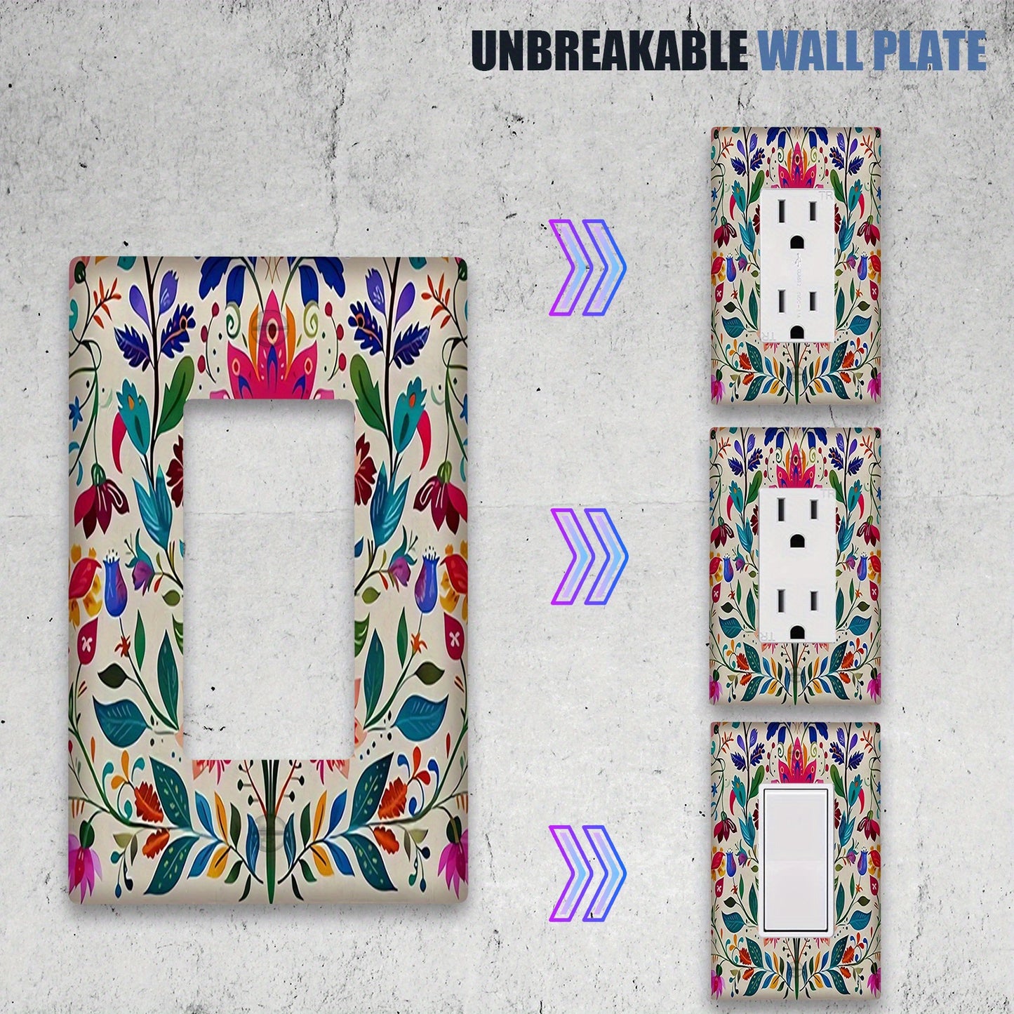 Vibrant Mexican folk art light switch plate cover, easy to clean, no battery required, suitable for single or double gang electrical outlets in kitchen and bedroom.