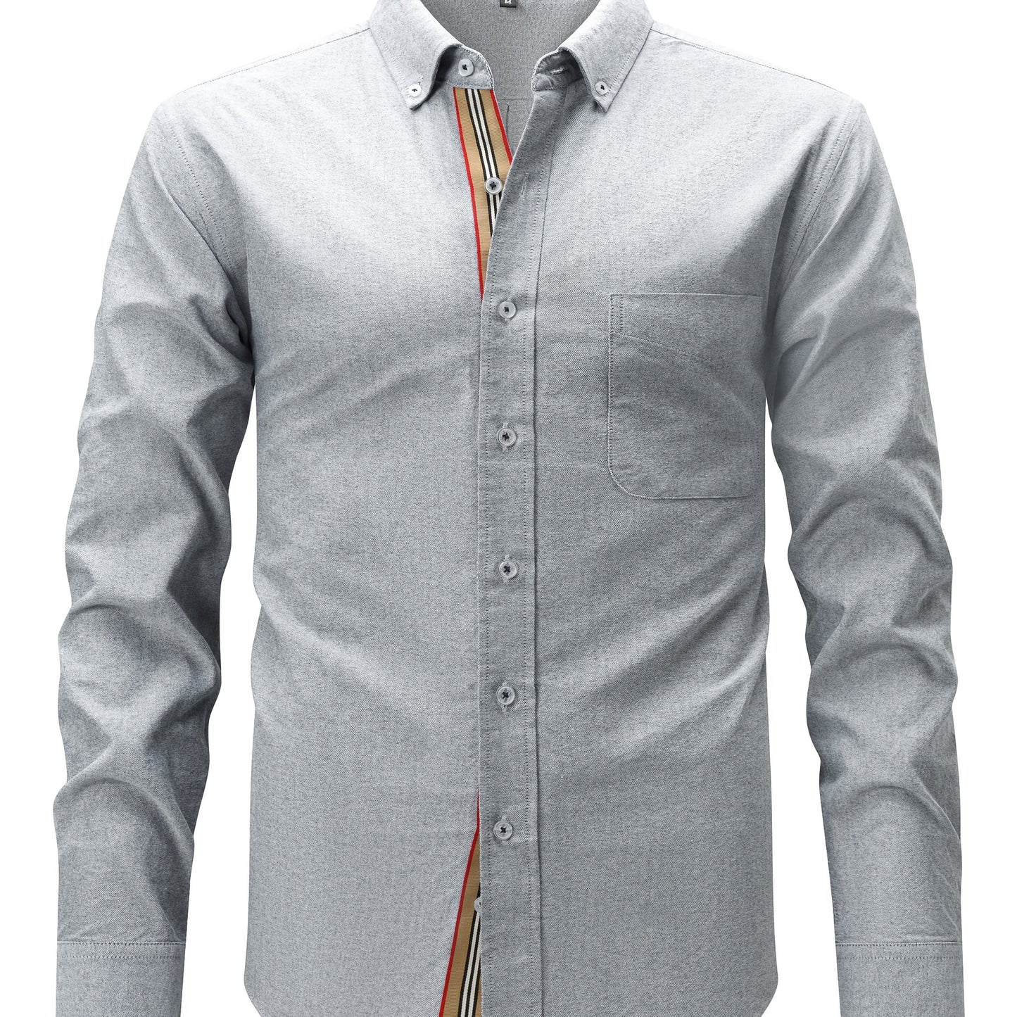 Vintage-inspired men's cotton oxford shirt with striped collar, long sleeves, and chest pocket. Non-stretch, button-up style perfect for fall 2024. Luxury plaid design, versatile for men.