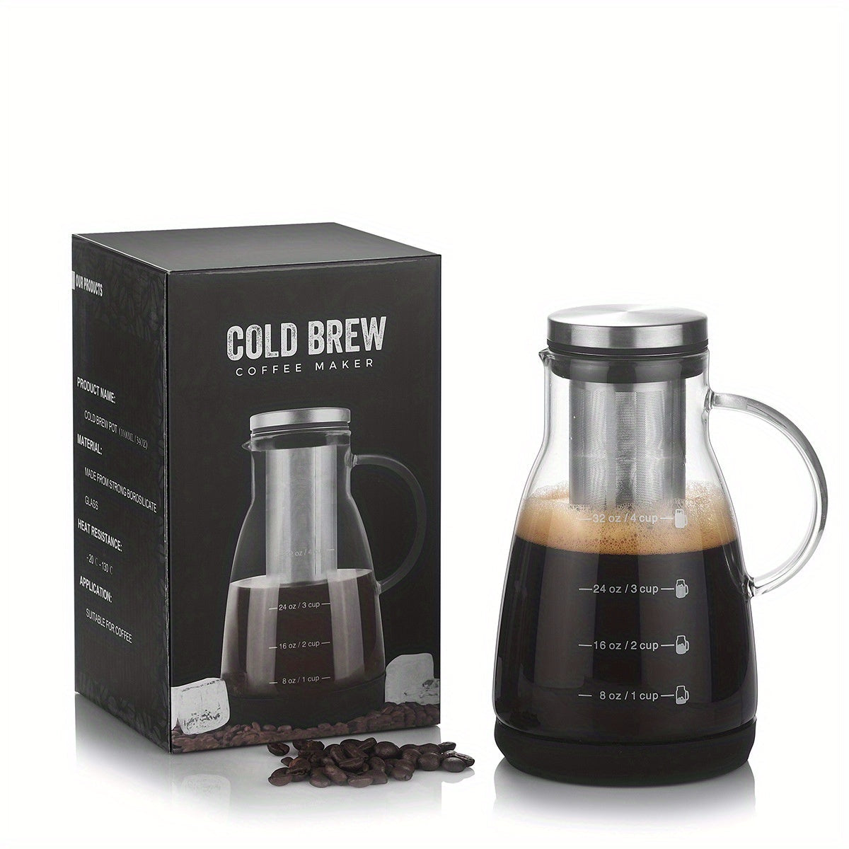 Classic glass cold brew coffee pitcher, 24oz capacity, perfect for making manual pour-over iced coffee. This versatile pitcher can also be used for juice, tea, and sharing at home. No electricity needed, just a stylish and functional glass jug with a