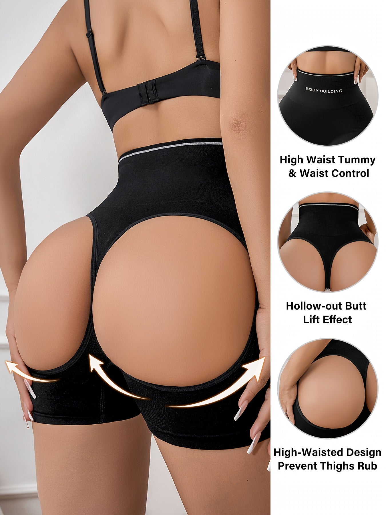 Women's High-Waist Thigh Slimmer in Solid Color, Seamless Contouring Shorts made of Polyamide and Elastane Knit Fabric with Hollow Back Detail.