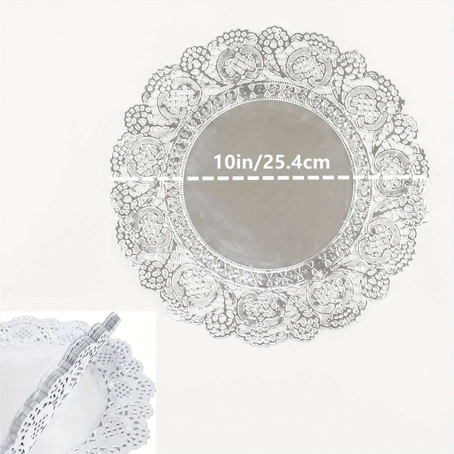 Pack of 100 Silver Lace Round Paper Doilies - Disposable Machine-Made Decorative Mats for Desserts, Fried Foods, Wedding Tables, Christmas Cakes, and Packaging.