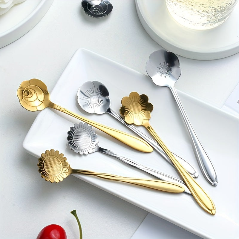 A collection of 8 flower-shaped spoons perfect for tea, coffee, ice cream, dessert, or honey. These cute spoons are made of durable stainless steel in a stylish silver and gold finish, making them a versatile addition to any kitchen utensil collection.