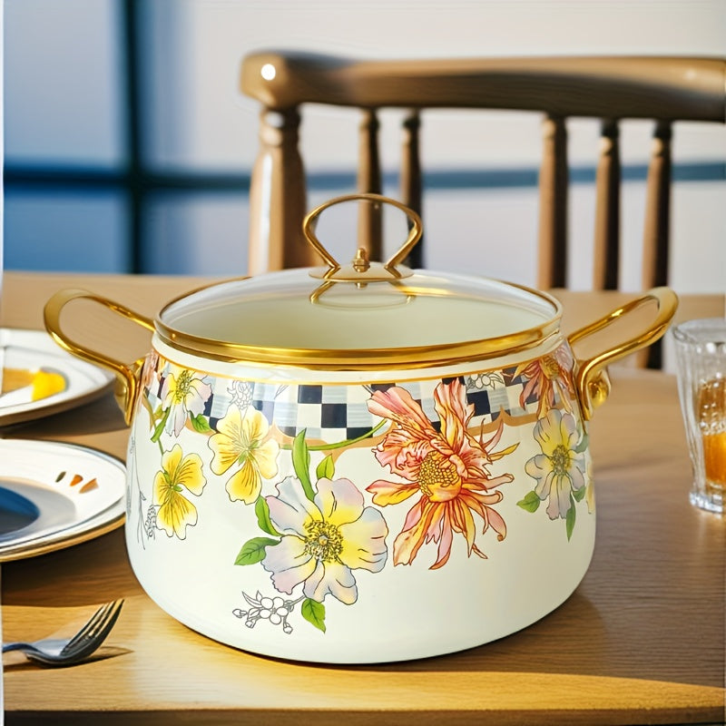 French Daisy Stockpot with Lid, featuring Enamel Coating and Induction Compatibility, adorned with a Beautiful Floral Design - No Electricity Required, making it Ideal for Cozy Fall Evenings.