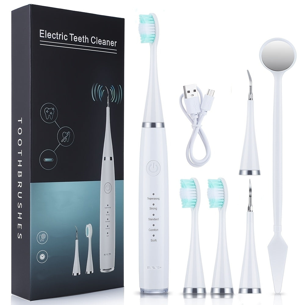 Portable six-in-one electric toothbrush kit with gentle brush head and teeth scaling beauty tool for easy use and personalized smile perfection.