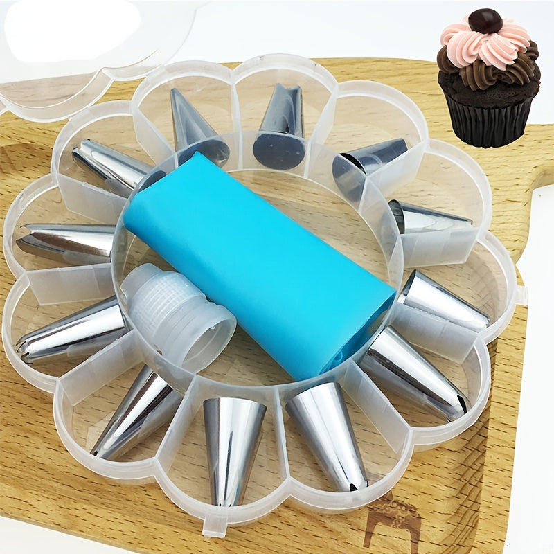 Cake decorating tools set includes 14pcs piping nozzles, reusable piping bag, and storage box - perfect for homemade cake baking and decorating.