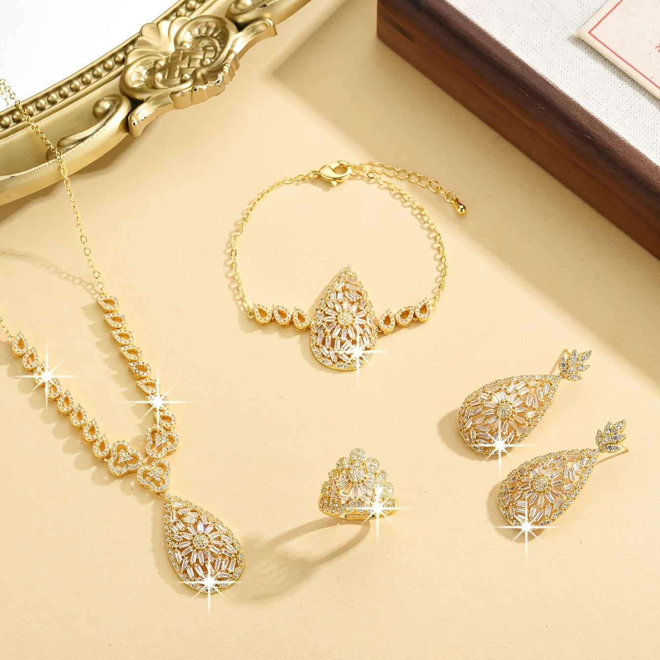 Exquisite Gold-Plated Teardrop Jewelry Set for Women - Featuring Necklace, Earrings, Bracelet, Ring - Ideal for Special Occasions and Everyday Wear, Includes 5 Pieces