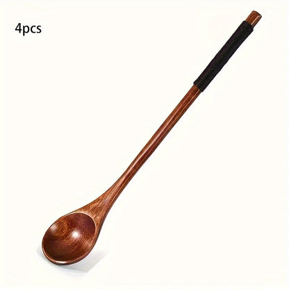 Creative long handle Japanese-style honey stirring spoon with twisted round handle, made from small wooden spoon.